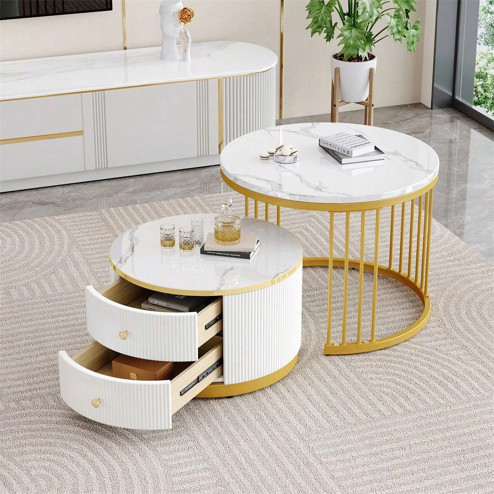 Elegantes 2-teiliges, weißes Couchtisch-Set in Nestform, 60*60*45.5cm & 50*50*32cm, runde Tische mit hochglänzender Marmoroptik, 2 Schubladen, bis 30kg belastbar,Nesting-Kombination Couchtisch
