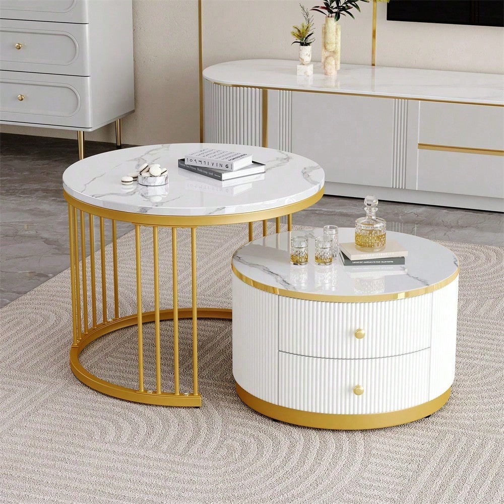 Elegantes 2-teiliges, weißes Couchtisch-Set in Nestform, 60*60*45.5cm & 50*50*32cm, runde Tische mit hochglänzender Marmoroptik, 2 Schubladen, bis 30kg belastbar,Nesting-Kombination Couchtisch