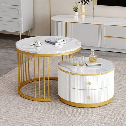 Elegantes 2-teiliges, weißes Couchtisch-Set in Nestform, 60*60*45.5cm & 50*50*32cm, runde Tische mit hochglänzender Marmoroptik, 2 Schubladen, bis 30kg belastbar,Nesting-Kombination Couchtisch