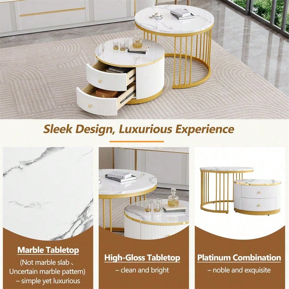Elegantes 2-teiliges, weißes Couchtisch-Set in Nestform, 60*60*45.5cm & 50*50*32cm, runde Tische mit hochglänzender Marmoroptik, 2 Schubladen, bis 30kg belastbar,Nesting-Kombination Couchtisch
