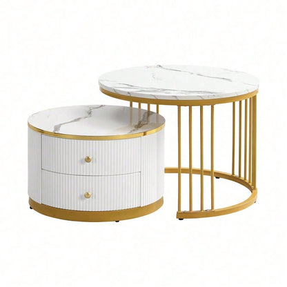Elegantes 2-teiliges, weißes Couchtisch-Set in Nestform, 60*60*45.5cm & 50*50*32cm, runde Tische mit hochglänzender Marmoroptik, 2 Schubladen, bis 30kg belastbar,Nesting-Kombination Couchtisch