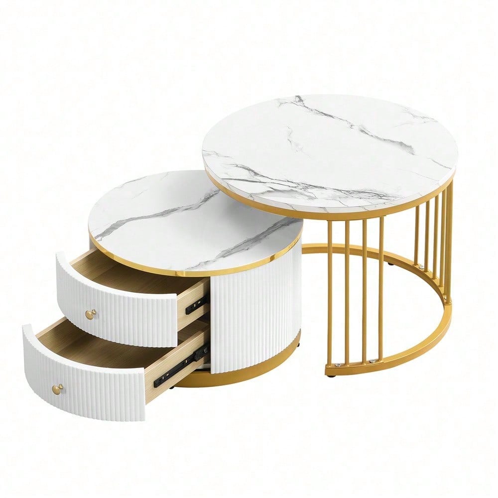 Elegantes 2-teiliges, weißes Couchtisch-Set in Nestform, 60*60*45.5cm & 50*50*32cm, runde Tische mit hochglänzender Marmoroptik, 2 Schubladen, bis 30kg belastbar,Nesting-Kombination Couchtisch