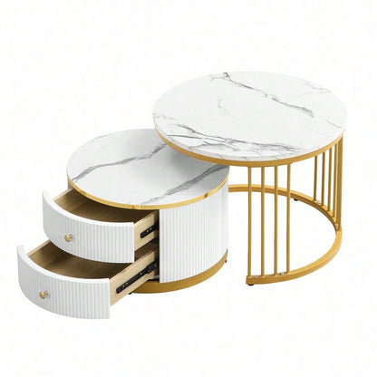 Elegantes 2-teiliges, weißes Couchtisch-Set in Nestform, 60*60*45.5cm & 50*50*32cm, runde Tische mit hochglänzender Marmoroptik, 2 Schubladen, bis 30kg belastbar,Nesting-Kombination Couchtisch