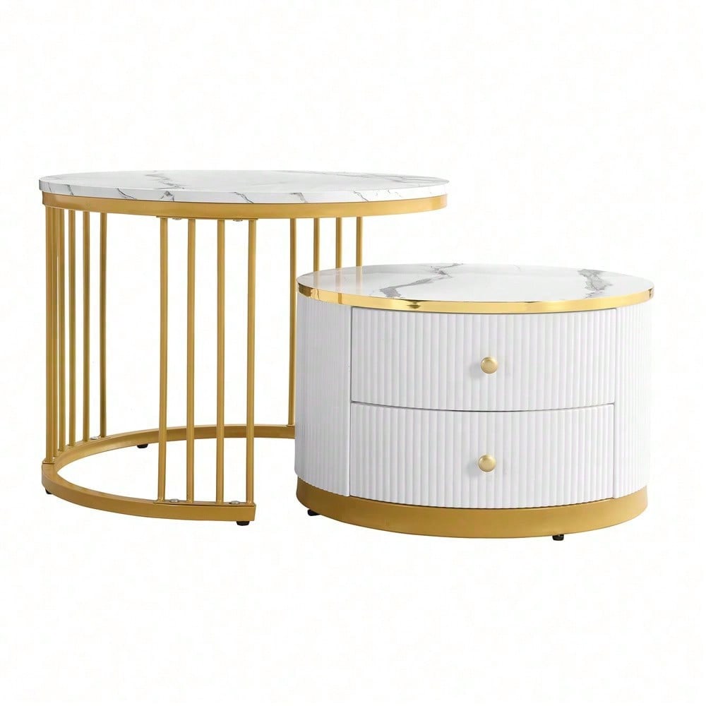 Elegantes 2-teiliges, weißes Couchtisch-Set in Nestform, 60*60*45.5cm & 50*50*32cm, runde Tische mit hochglänzender Marmoroptik, 2 Schubladen, bis 30kg belastbar,Nesting-Kombination Couchtisch