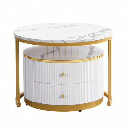 Elegantes 2-teiliges, weißes Couchtisch-Set in Nestform, 60*60*45.5cm & 50*50*32cm, runde Tische mit hochglänzender Marmoroptik, 2 Schubladen, bis 30kg belastbar,Nesting-Kombination Couchtisch