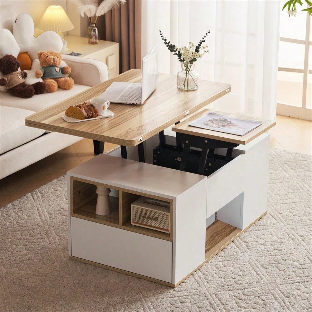 Hebbarer Multifunktions-Couchtisch - Tischplatte öffnet sich zu 2 Tischen, Zwei Schubladen, Weiß + Originalholzfarbe, große Kapazität, Büro-Esstisch Freizeittisch Multifunktionstisch