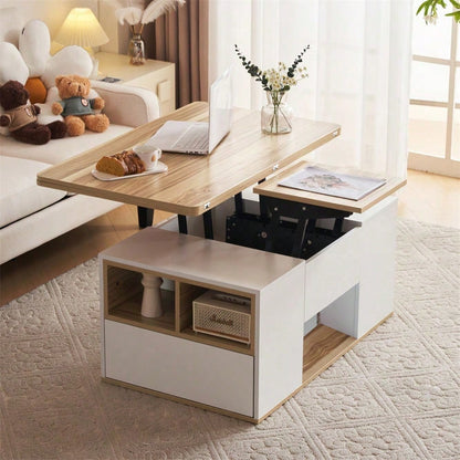 Hebbarer Multifunktions-Couchtisch - Tischplatte öffnet sich zu 2 Tischen, Zwei Schubladen, Weiß + Originalholzfarbe, große Kapazität, Büro-Esstisch Freizeittisch Multifunktionstisch