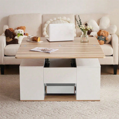 Hebbarer Multifunktions-Couchtisch - Tischplatte öffnet sich zu 2 Tischen, Zwei Schubladen, Weiß + Originalholzfarbe, große Kapazität, Büro-Esstisch Freizeittisch Multifunktionstisch