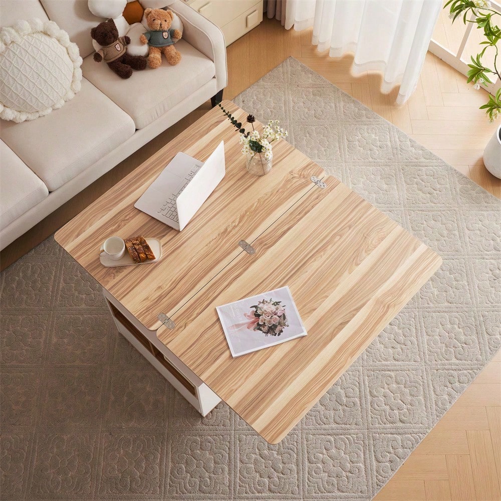 Hebbarer Multifunktions-Couchtisch - Tischplatte öffnet sich zu 2 Tischen, Zwei Schubladen, Weiß + Originalholzfarbe, große Kapazität, Büro-Esstisch Freizeittisch Multifunktionstisch