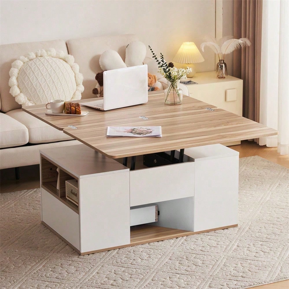 Hebbarer Multifunktions-Couchtisch - Tischplatte öffnet sich zu 2 Tischen, Zwei Schubladen, Weiß + Originalholzfarbe, große Kapazität, Büro-Esstisch Freizeittisch Multifunktionstisch