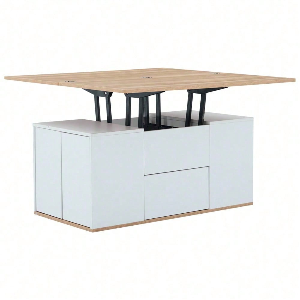 Hebbarer Multifunktions-Couchtisch - Tischplatte öffnet sich zu 2 Tischen, Zwei Schubladen, Weiß + Originalholzfarbe, große Kapazität, Büro-Esstisch Freizeittisch Multifunktionstisch