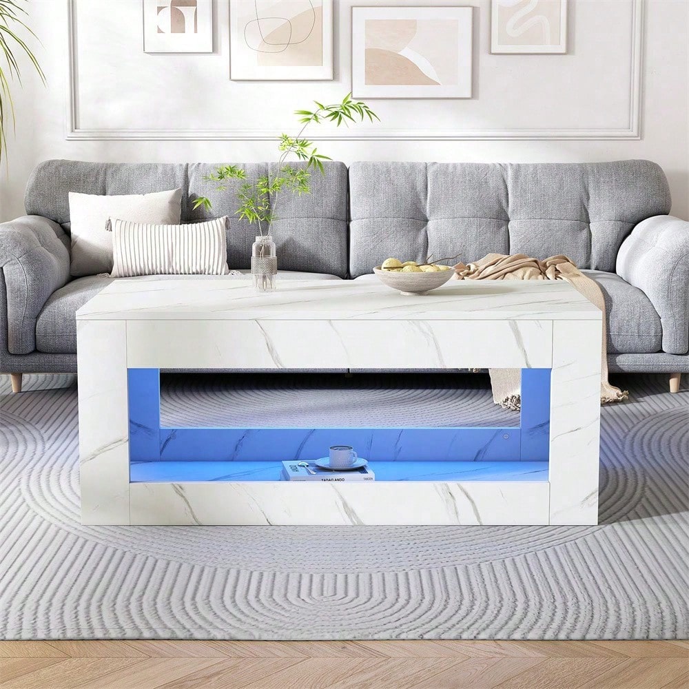 Moderner LED-Couchtisch, Couchtisch für Wohnzimmer, Sofatisch, Wohnzimmertisch,Hochglanz-Couchtisch mit Fernbedienung, großer Couchtisch mit Marmordruck (weiß