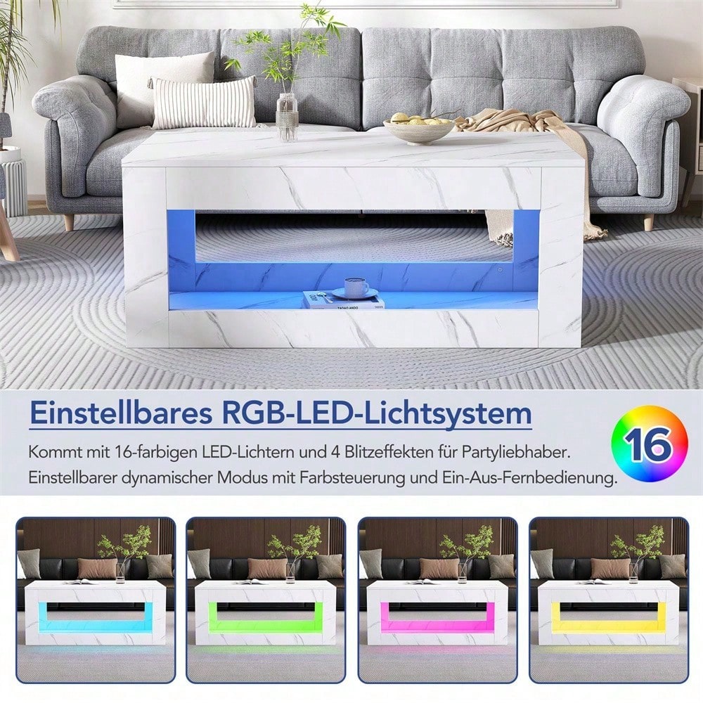 Moderner LED-Couchtisch, Couchtisch für Wohnzimmer, Sofatisch, Wohnzimmertisch,Hochglanz-Couchtisch mit Fernbedienung, großer Couchtisch mit Marmordruck (weiß