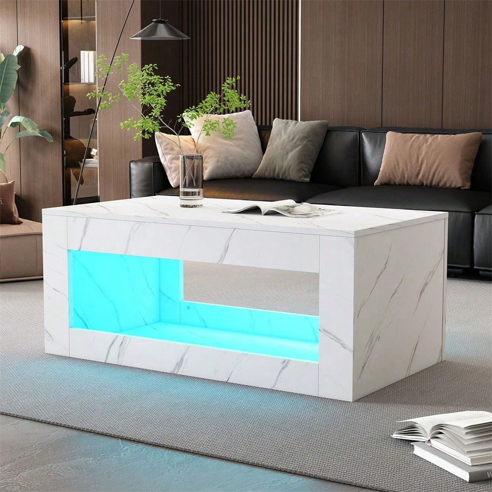 Moderner LED-Couchtisch, Couchtisch für Wohnzimmer, Sofatisch, Wohnzimmertisch,Hochglanz-Couchtisch mit Fernbedienung, großer Couchtisch mit Marmordruck (weiß
