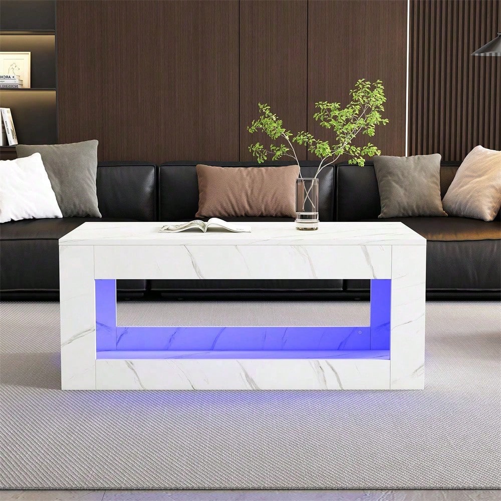 Moderner LED-Couchtisch, Couchtisch für Wohnzimmer, Sofatisch, Wohnzimmertisch,Hochglanz-Couchtisch mit Fernbedienung, großer Couchtisch mit Marmordruck (weiß