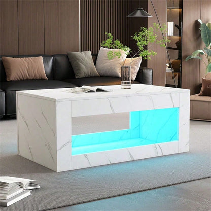 Moderner LED-Couchtisch, Couchtisch für Wohnzimmer, Sofatisch, Wohnzimmertisch,Hochglanz-Couchtisch mit Fernbedienung, großer Couchtisch mit Marmordruck (weiß