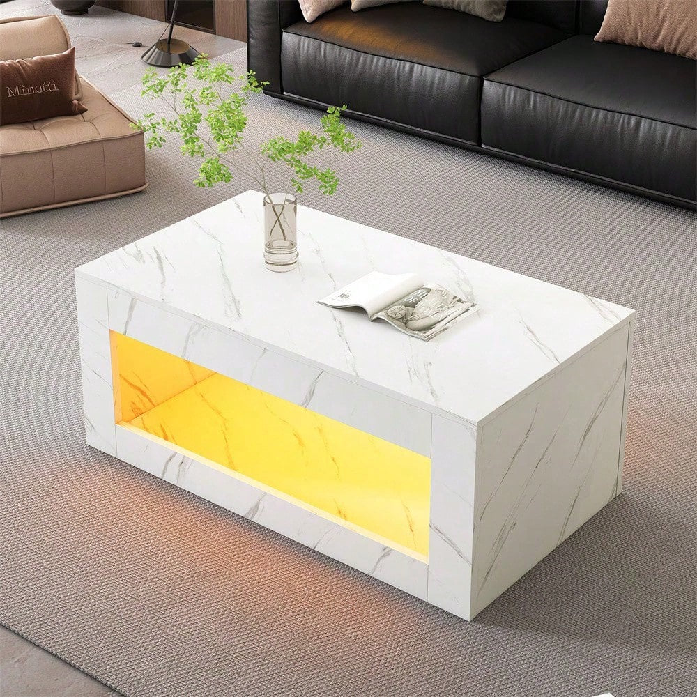 Moderner LED-Couchtisch, Couchtisch für Wohnzimmer, Sofatisch, Wohnzimmertisch,Hochglanz-Couchtisch mit Fernbedienung, großer Couchtisch mit Marmordruck (weiß