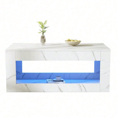 Moderner LED-Couchtisch, Couchtisch für Wohnzimmer, Sofatisch, Wohnzimmertisch,Hochglanz-Couchtisch mit Fernbedienung, großer Couchtisch mit Marmordruck (weiß