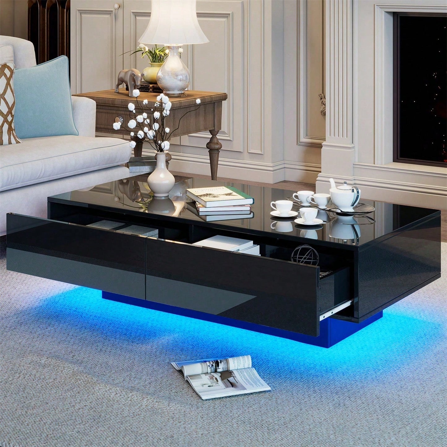 Moderner schwarzer Hochglanz-Couchtisch, 115 x 55 x 34 cm, mit 2 Schubladen, LED-Beleuchtung und 30 kg Belastbarkeit - Eleganter Wohnzimmer-Couchtisch
