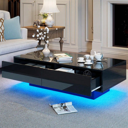 Moderner schwarzer Hochglanz-Couchtisch, 115 x 55 x 34 cm, mit 2 Schubladen, LED-Beleuchtung und 30 kg Belastbarkeit - Eleganter Wohnzimmer-Couchtisch