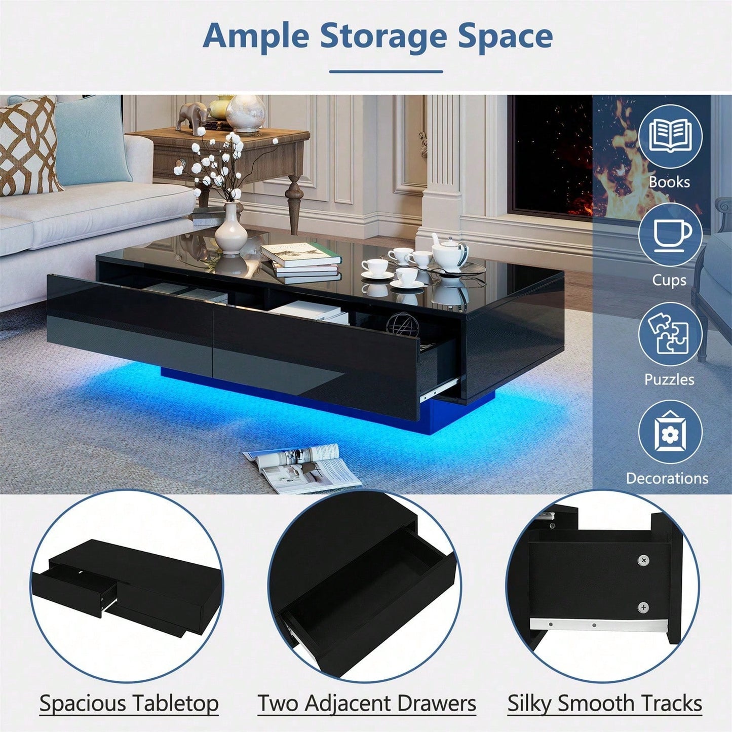 Moderner schwarzer Hochglanz-Couchtisch, 115 x 55 x 34 cm, mit 2 Schubladen, LED-Beleuchtung und 30 kg Belastbarkeit - Eleganter Wohnzimmer-Couchtisch