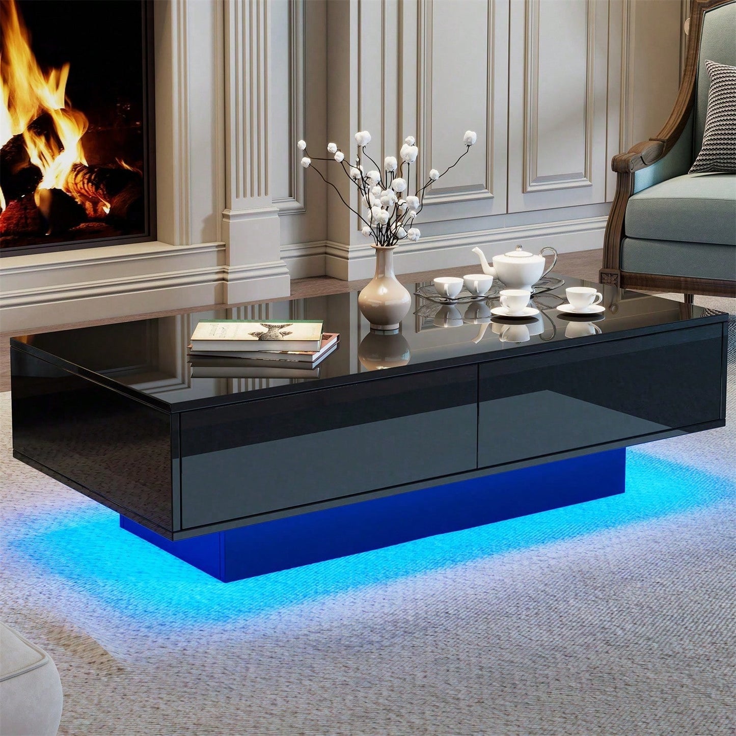 Moderner schwarzer Hochglanz-Couchtisch, 115 x 55 x 34 cm, mit 2 Schubladen, LED-Beleuchtung und 30 kg Belastbarkeit - Eleganter Wohnzimmer-Couchtisch