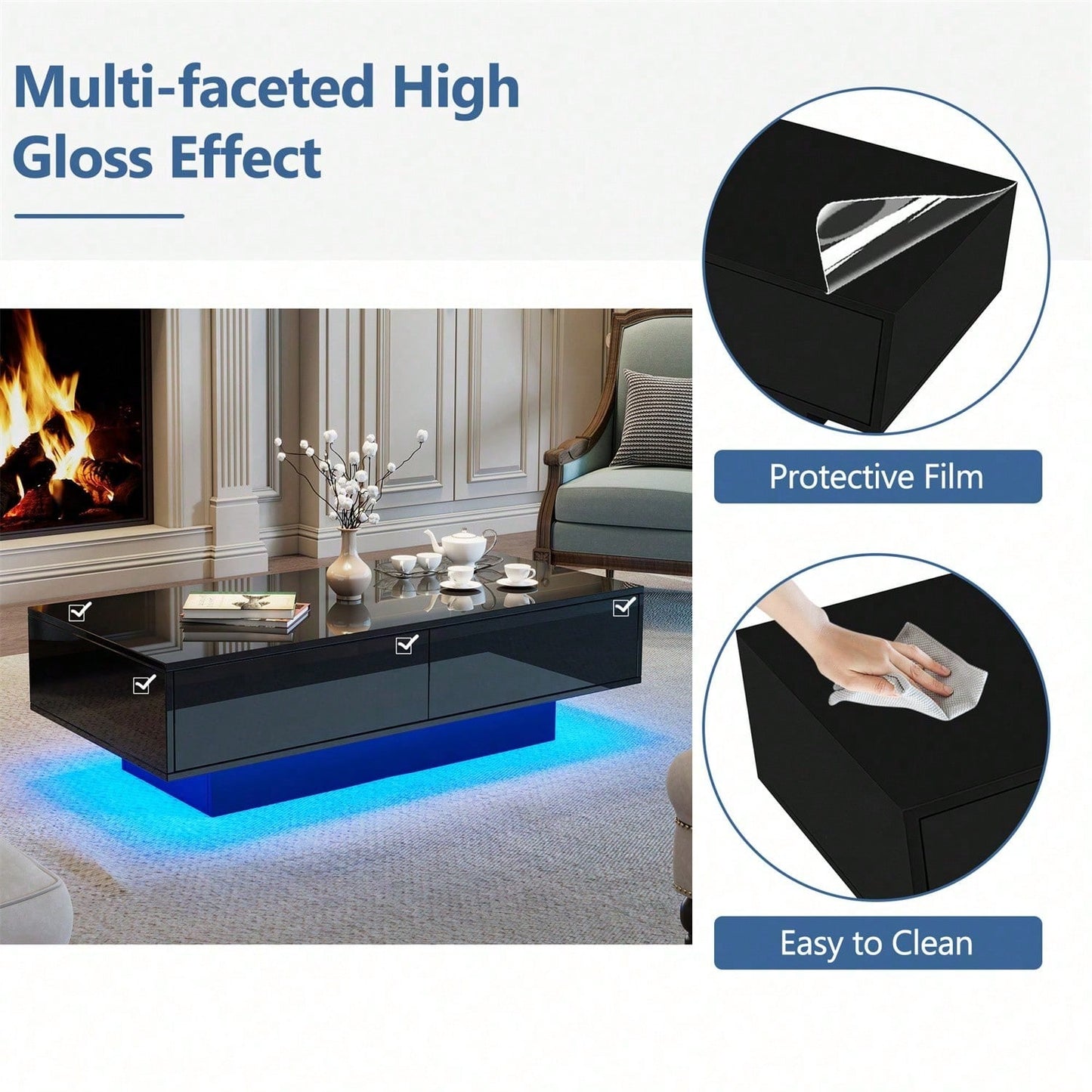 Moderner schwarzer Hochglanz-Couchtisch, 115 x 55 x 34 cm, mit 2 Schubladen, LED-Beleuchtung und 30 kg Belastbarkeit - Eleganter Wohnzimmer-Couchtisch