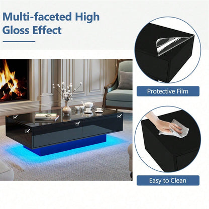 Moderner schwarzer Hochglanz-Couchtisch, 115 x 55 x 34 cm, mit 2 Schubladen, LED-Beleuchtung und 30 kg Belastbarkeit - Eleganter Wohnzimmer-Couchtisch