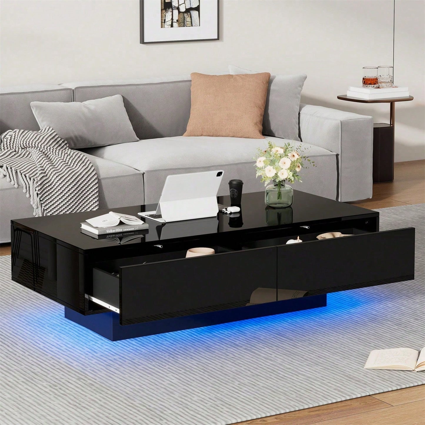 Moderner schwarzer Hochglanz-Couchtisch, 115 x 55 x 34 cm, mit 2 Schubladen, LED-Beleuchtung und 30 kg Belastbarkeit - Eleganter Wohnzimmer-Couchtisch