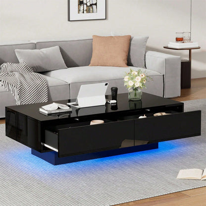 Moderner schwarzer Hochglanz-Couchtisch, 115 x 55 x 34 cm, mit 2 Schubladen, LED-Beleuchtung und 30 kg Belastbarkeit - Eleganter Wohnzimmer-Couchtisch