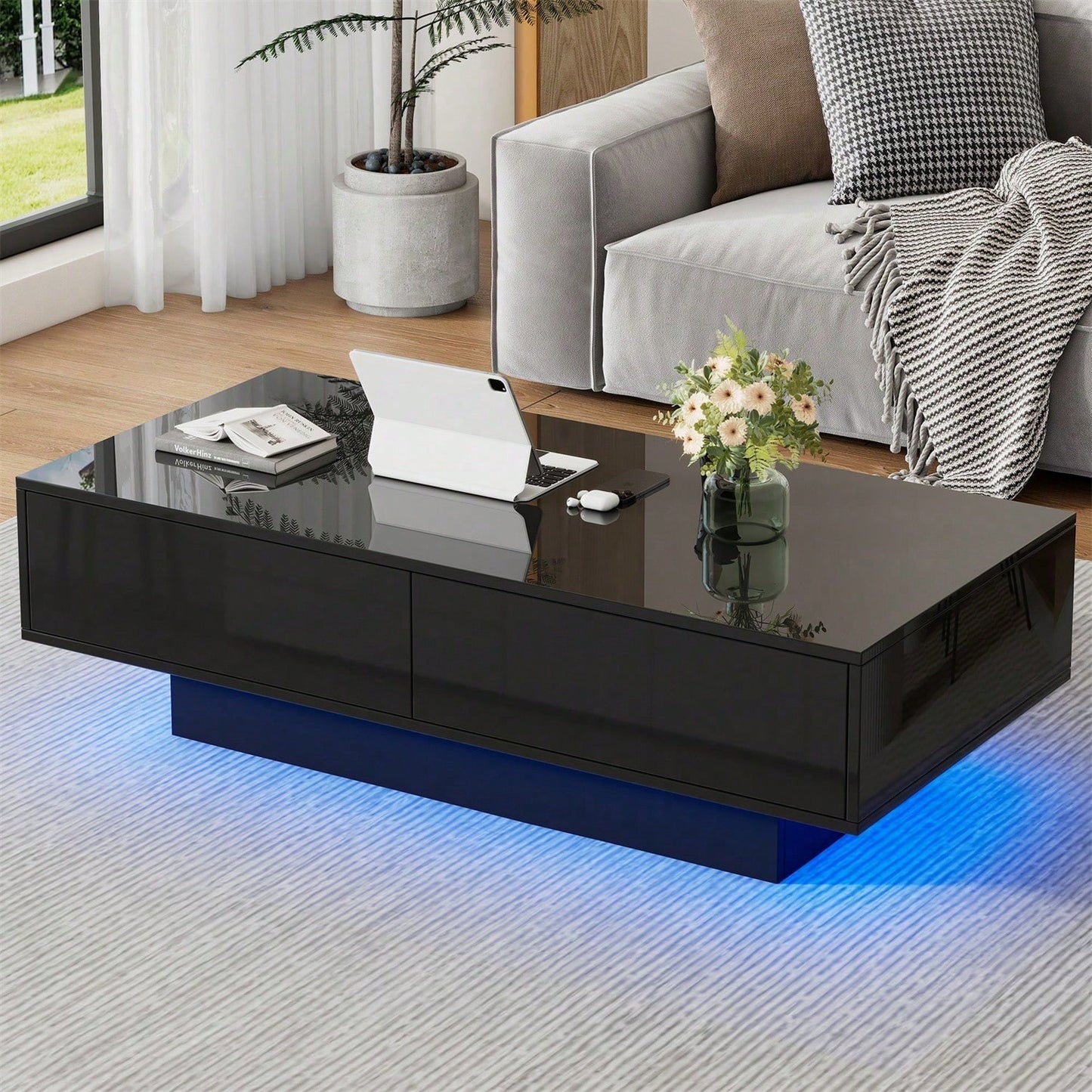 Moderner schwarzer Hochglanz-Couchtisch, 115 x 55 x 34 cm, mit 2 Schubladen, LED-Beleuchtung und 30 kg Belastbarkeit - Eleganter Wohnzimmer-Couchtisch