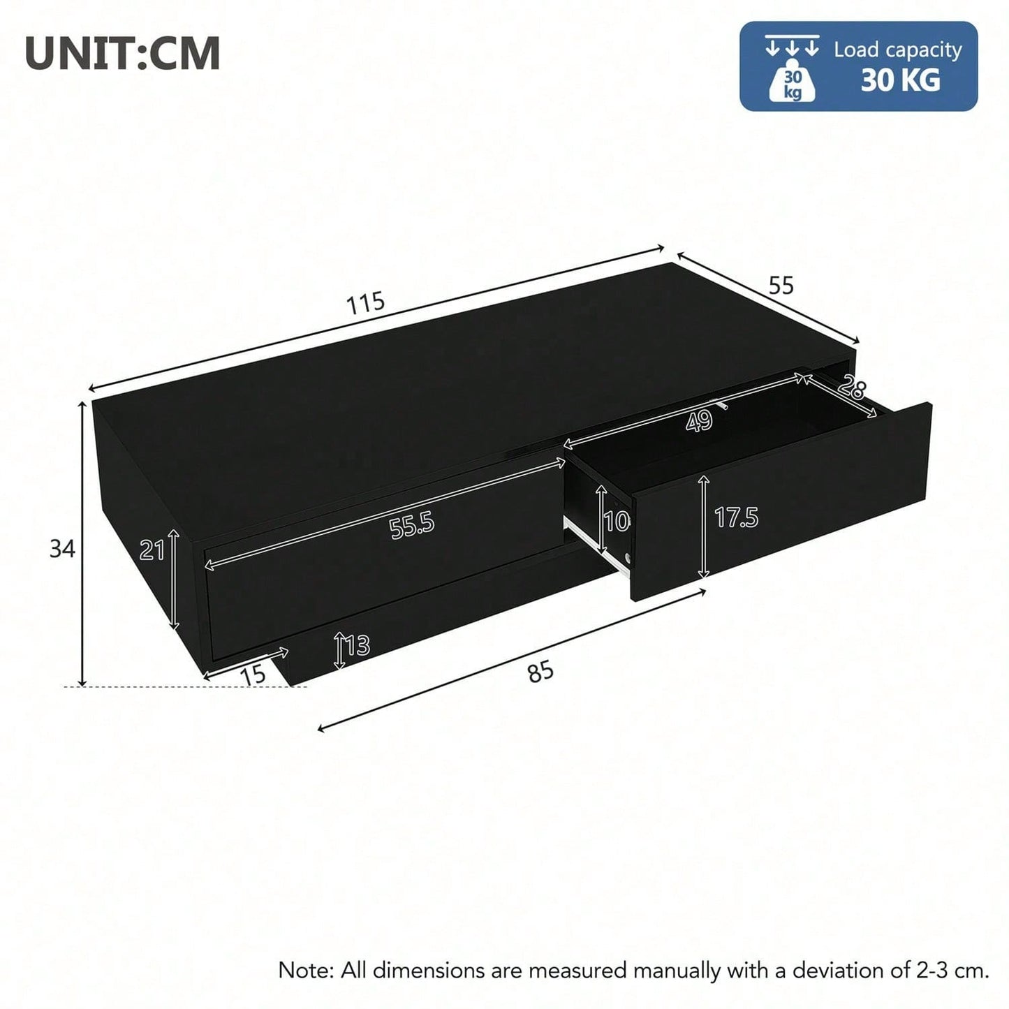 Moderner schwarzer Hochglanz-Couchtisch, 115 x 55 x 34 cm, mit 2 Schubladen, LED-Beleuchtung und 30 kg Belastbarkeit - Eleganter Wohnzimmer-Couchtisch
