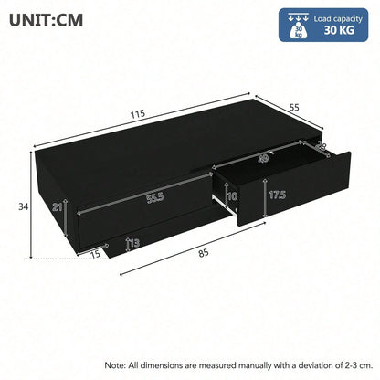 Moderner schwarzer Hochglanz-Couchtisch, 115 x 55 x 34 cm, mit 2 Schubladen, LED-Beleuchtung und 30 kg Belastbarkeit - Eleganter Wohnzimmer-Couchtisch