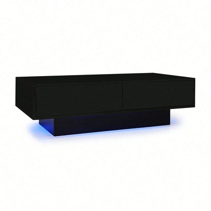 Moderner schwarzer Hochglanz-Couchtisch, 115 x 55 x 34 cm, mit 2 Schubladen, LED-Beleuchtung und 30 kg Belastbarkeit - Eleganter Wohnzimmer-Couchtisch