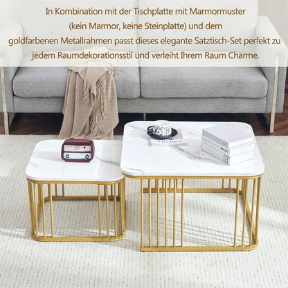 2er Set quadratische Hochglanz-Marmoroptik-Couchtische, ineinander schiebbare Tische mit goldenen Beinen, 70x70x45cm und 50x50x36,5cm, vielseitig einsetzbar