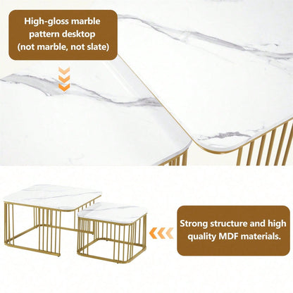 2er Set quadratische Hochglanz-Marmoroptik-Couchtische, ineinander schiebbare Tische mit goldenen Beinen, 70x70x45cm und 50x50x36,5cm, vielseitig einsetzbar
