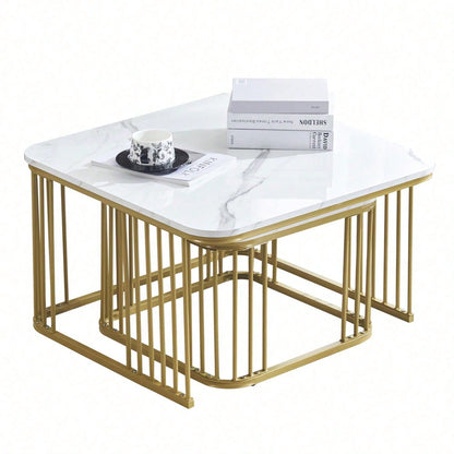 2er Set quadratische Hochglanz-Marmoroptik-Couchtische, ineinander schiebbare Tische mit goldenen Beinen, 70x70x45cm und 50x50x36,5cm, vielseitig einsetzbar