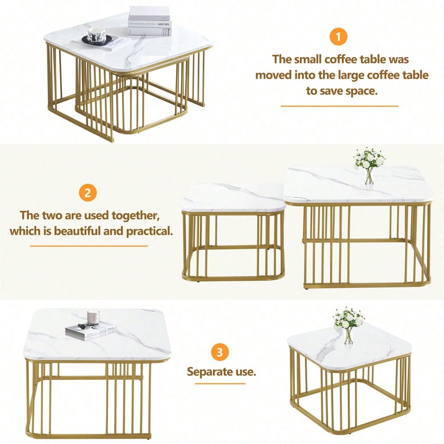 2er Set quadratische Hochglanz-Marmoroptik-Couchtische, ineinander schiebbare Tische mit goldenen Beinen, 70x70x45cm und 50x50x36,5cm, vielseitig einsetzbar