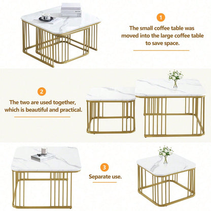 2er Set quadratische Hochglanz-Marmoroptik-Couchtische, ineinander schiebbare Tische mit goldenen Beinen, 70x70x45cm und 50x50x36,5cm, vielseitig einsetzbar
