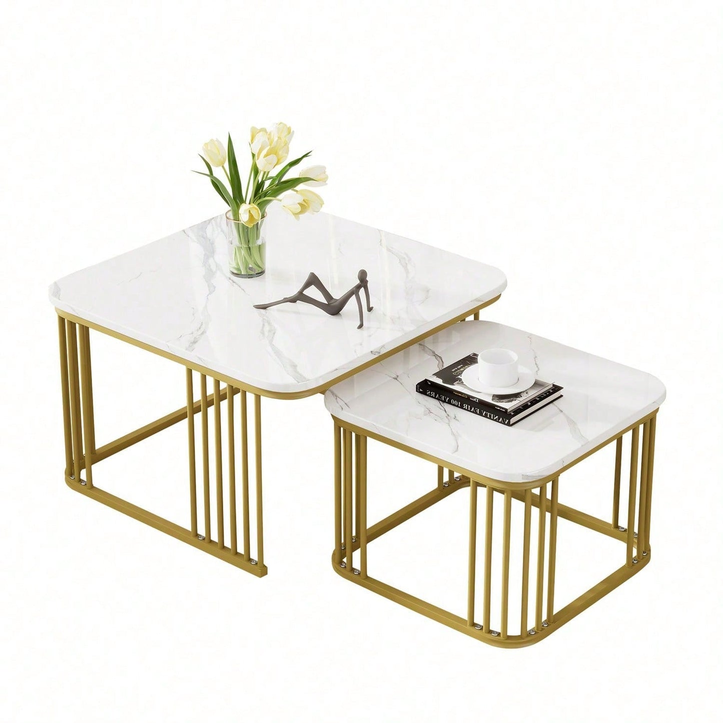 2er Set quadratische Hochglanz-Marmoroptik-Couchtische, ineinander schiebbare Tische mit goldenen Beinen, 70x70x45cm und 50x50x36,5cm, vielseitig einsetzbar
