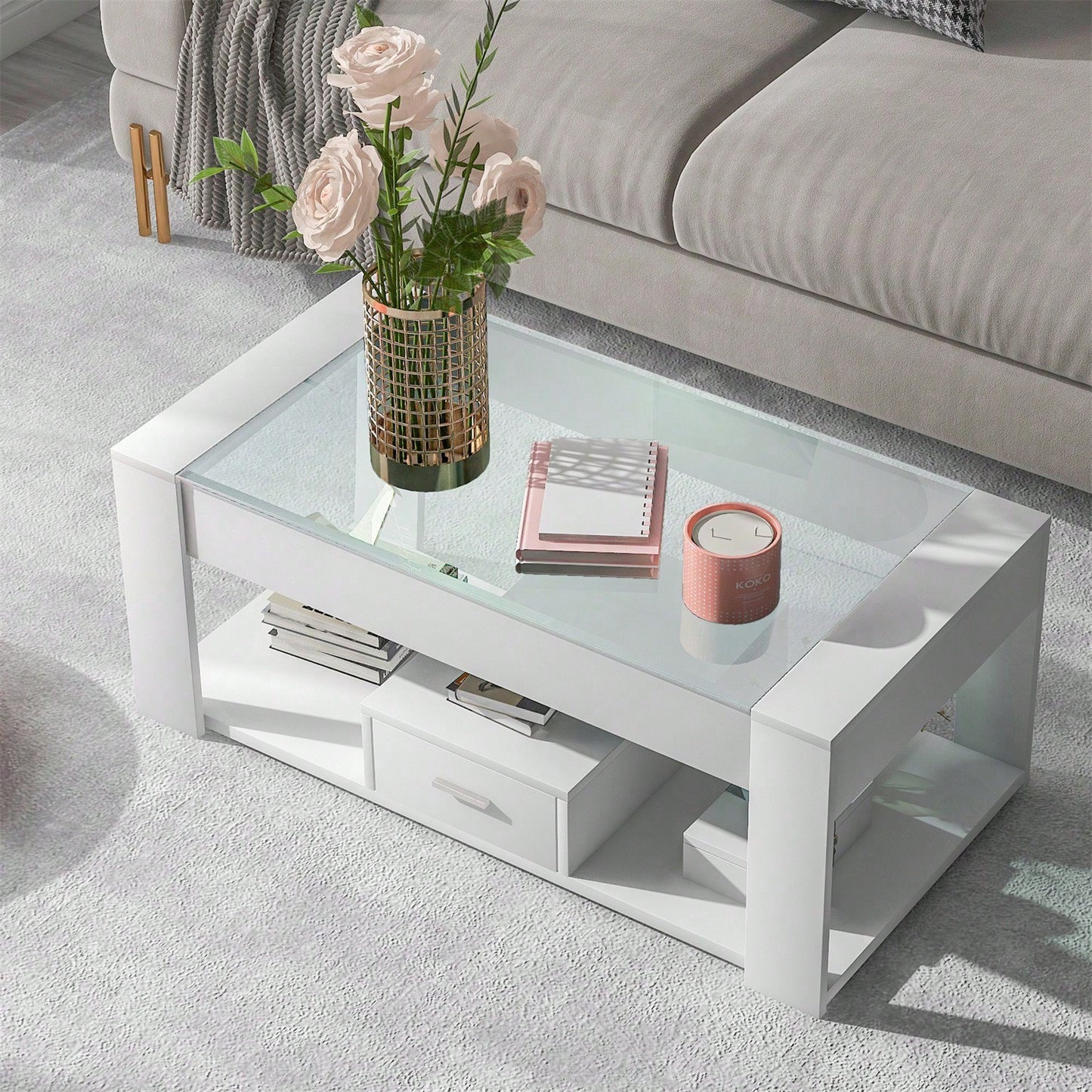 Wohnzimmer Couchtisch mit Glasplatte, Schließfächern und Stauraum, Weiß 100 x 50 x 40cm