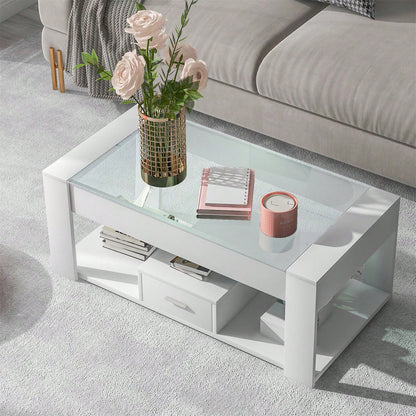 Wohnzimmer Couchtisch mit Glasplatte, Schließfächern und Stauraum, Weiß 100 x 50 x 40cm