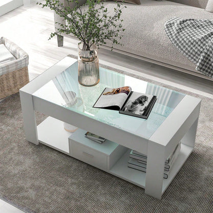 Wohnzimmer Couchtisch mit Glasplatte, Schließfächern und Stauraum, Weiß 100 x 50 x 40cm