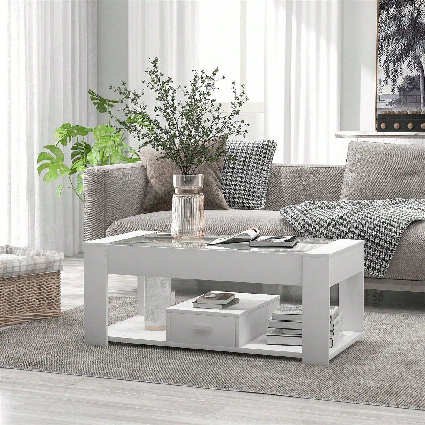 Wohnzimmer Couchtisch mit Glasplatte, Schließfächern und Stauraum, Weiß 100 x 50 x 40cm