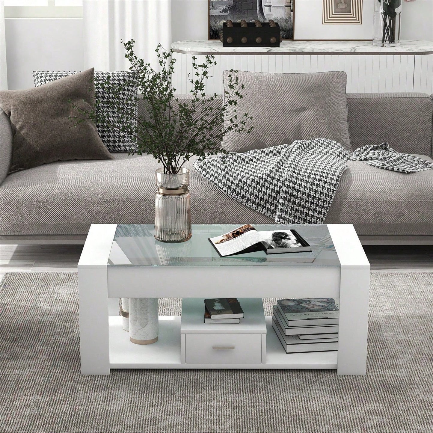 Wohnzimmer Couchtisch mit Glasplatte, Schließfächern und Stauraum, Weiß 100 x 50 x 40cm