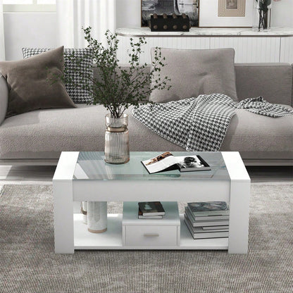 Wohnzimmer Couchtisch mit Glasplatte, Schließfächern und Stauraum, Weiß 100 x 50 x 40cm