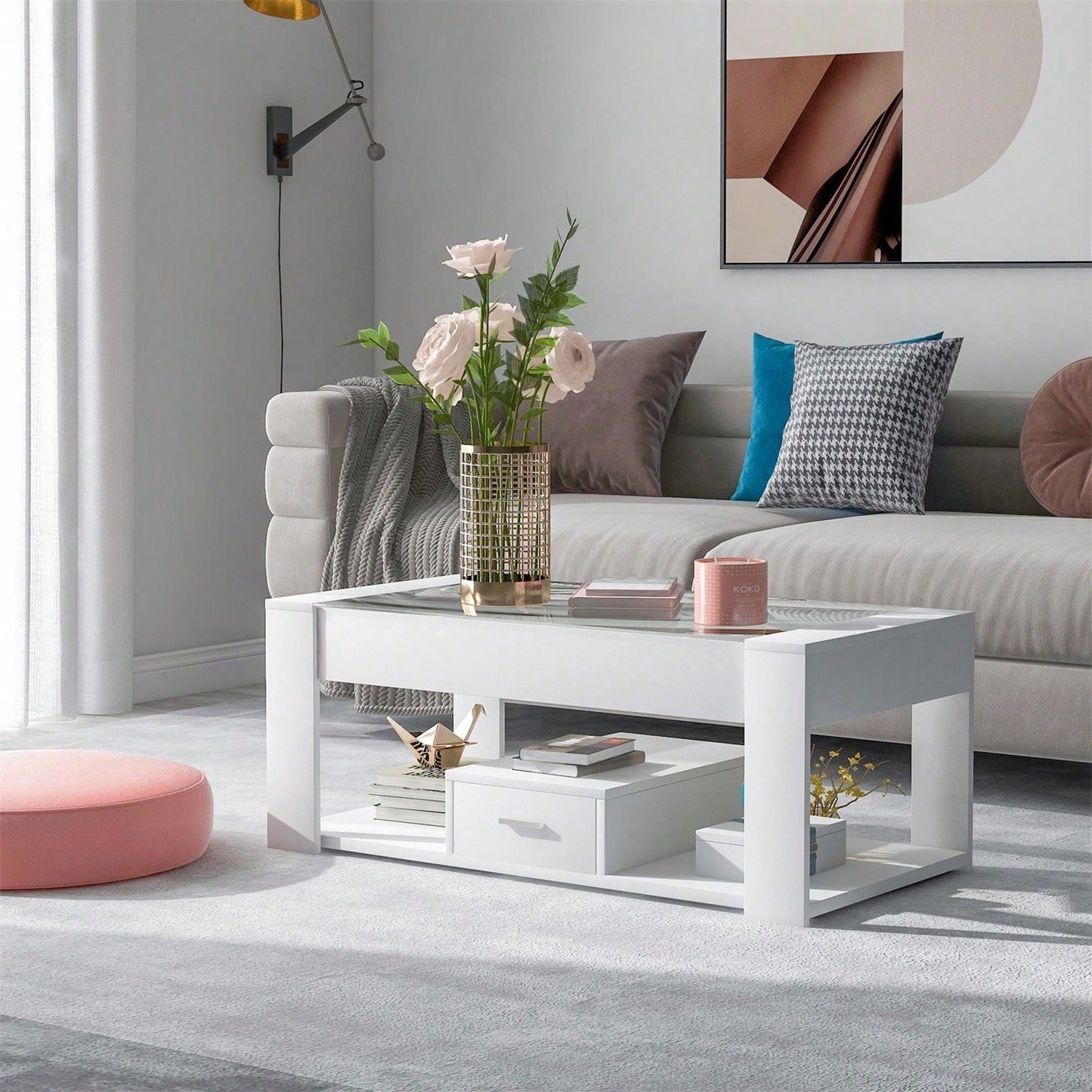 Wohnzimmer Couchtisch mit Glasplatte, Schließfächern und Stauraum, Weiß 100 x 50 x 40cm