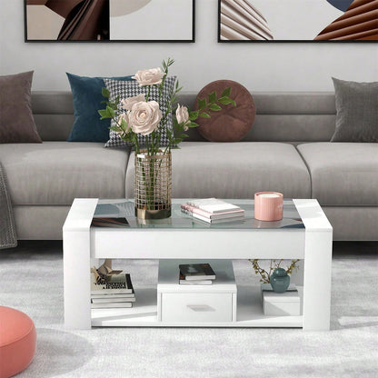 Wohnzimmer Couchtisch mit Glasplatte, Schließfächern und Stauraum, Weiß 100 x 50 x 40cm
