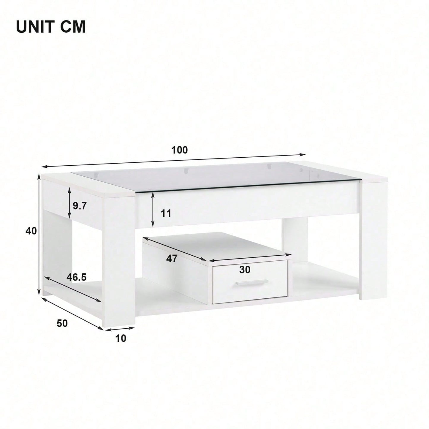 Wohnzimmer Couchtisch mit Glasplatte, Schließfächern und Stauraum, Weiß 100 x 50 x 40cm