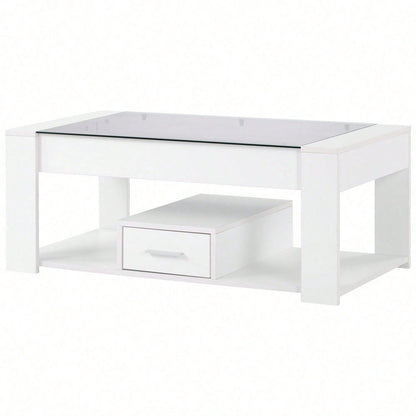 Wohnzimmer Couchtisch mit Glasplatte, Schließfächern und Stauraum, Weiß 100 x 50 x 40cm